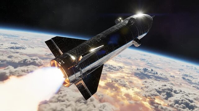 Black Space Shuttle Launching into Stratosphere with Rocket Exhaust and Earth in Background