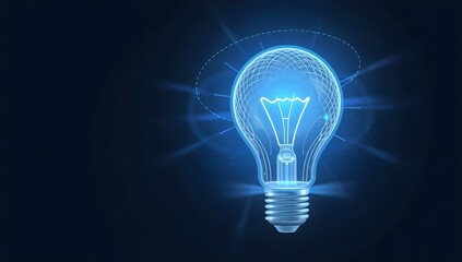 Futuristic Glowing Blue Light Bulb on Dark Background. Digital Innovation and Idea Concept