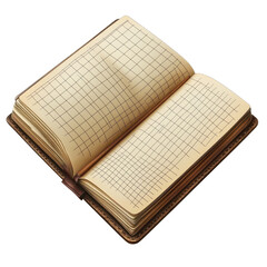 Open notebook with grid paper in vintage leather cover with warm soft lighting for education and writing isolated on transparent background