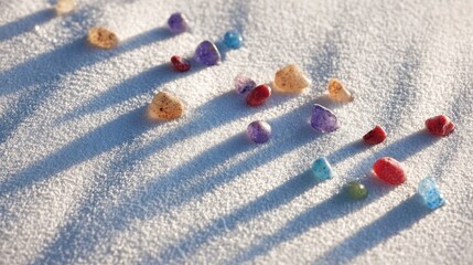 Colorful Polished Gemstones on White Fabric with Long Shadows.