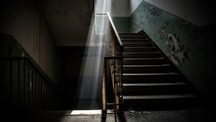 Dramatic Light Ray Illuminating an Old Dark Staircase in an Abandoned Building.