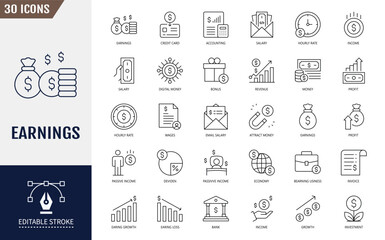 Earnings icon set. Income, earning, money, invoice, pay, bonus and more. Editable stroke. Vector illustration