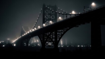 Dramatic Night View of a Large Suspension Bridge Illuminated by Bright Lights.