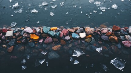 Colorful Rocks and Ice Shards on Dark Water Surface.