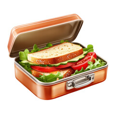 Sandwich in copper lunchbox with fresh vegetables in soft natural lighting for food advertising isolated on transparent background