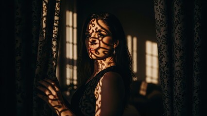 Dramatic portrait of a young woman with intricate shadow patterns on her face looking through window at sunset.