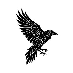 Obraz premium Black and White Tribal Raven Flying with Intricate Swirls Illustration