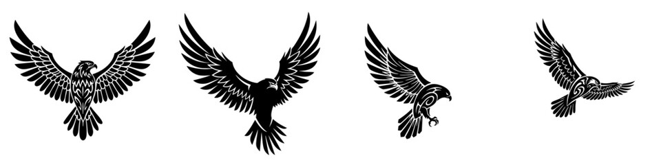 Detailed Lineart Eagle Flying Silhouette Various Pose Wildlife Illustration