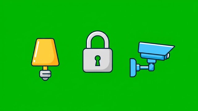 Home Security Icons Lamp, Lock, and Camera