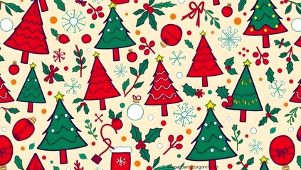Seamless Christmas Pattern Background. Vector Texture with Trees, Holly and Holiday Elements