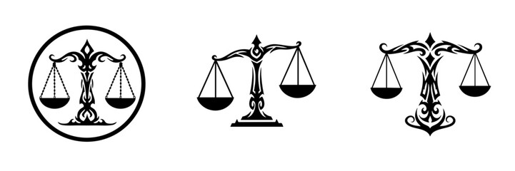 Elegant Decorative Scales of Justice Icon Set in Black and White