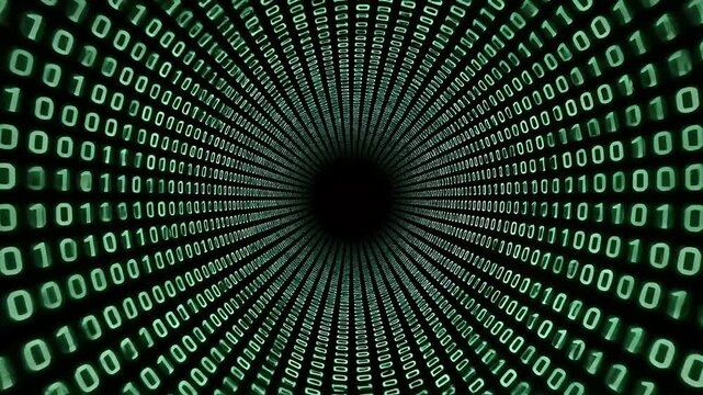 Binary code tunnel leading to darkness, a technology concept.