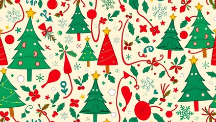 Seamless Christmas Pattern Background. Vector Texture with Trees, Holly and Holiday Elements