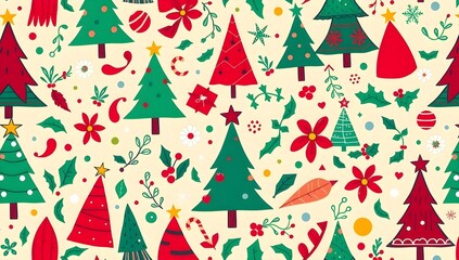 Seamless Christmas Pattern Background. Vector Texture with Trees, Holly and Holiday Elements