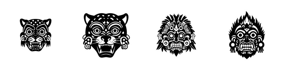 Intricate Line Art Tribal Mask Set Isolated Illustration on White Background