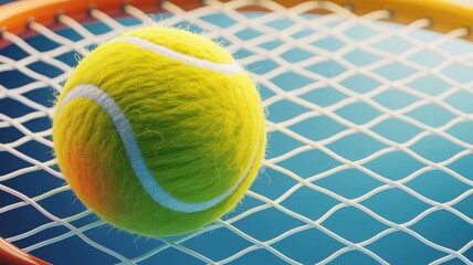 A bright tennis ball resting on a racket, ready for a game. The close-up shot captures the details of the equipment and evokes a sense of anticipation