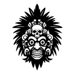 Detailed Black and White Tribal Warrior Mask with Skull Illustration