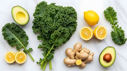 Top-down view of fresh healthy food ingredients including kale, lemons, ginger, and avocados on a white marble surface.