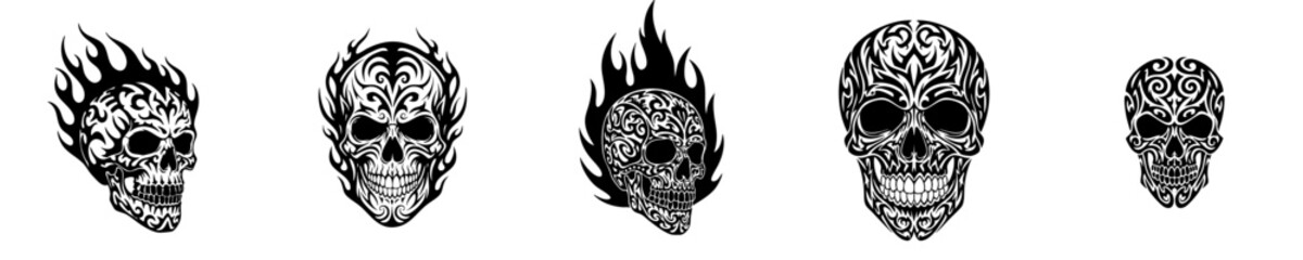 Elaborate Ornamental Skull Illustration Assortment with Flame Detail and Gothic Undertones