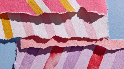 Colorful Striped Torn Paper Art on Blue Background.