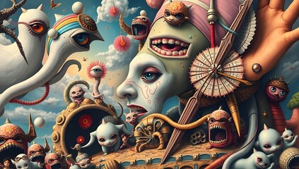 Surreal Pop Art Illustration with Doll Faces and Fantasy Creatures. Psychedelic Dream Collage