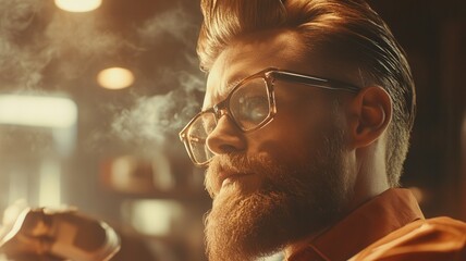 Bearded man in glasses blowing smoke, creating a vintage, atmospheric scene and contemplation of traditional masculinity