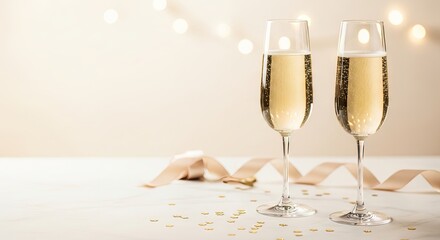 Elegant champagne flutes with golden confetti and festive bokeh lights, ideal for holiday parties and events messaging and text concept