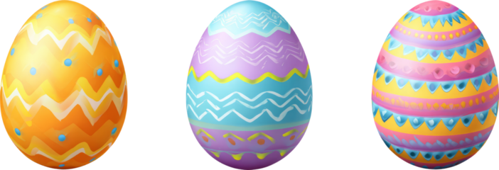 Vibrant Easter Eggs with Intricate Patterns in Yellow, Purple, and Blue Hues