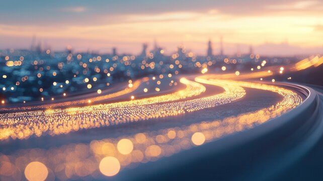 Digital data moving through a futuristic smart city network with glowing light trails on roads buildings and illuminated - Powered by Adobe