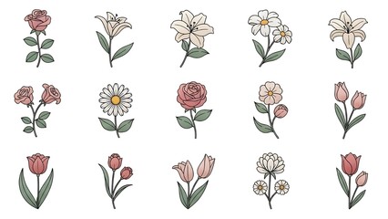 A colorful illustration of various flowers including roses, tulips, and daisies on a white background