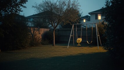 Empty Backyard Swing Set at Dusk with House Lights On.