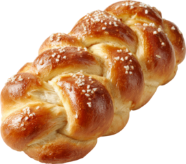 Golden brown braided challah loaf sprinkled with coarse salt on a white background