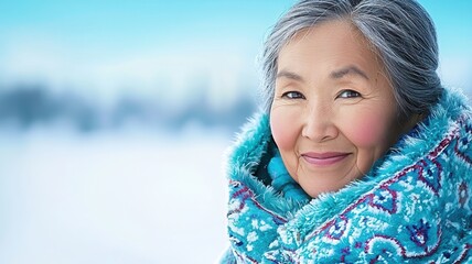 Fototapeta premium Indigenous woman smiling, wearing traditional fur hood winter clothing in arctic environment, at looking camera