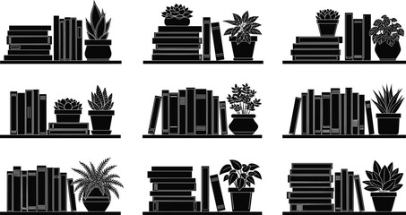 Obraz premium Set of bookshelf silhouettes with books and potted house plants including succulents and leafy greenery for home library interior design vector