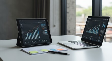 Digital Financial Analysis: Tablet and Laptop Displaying Business Charts
