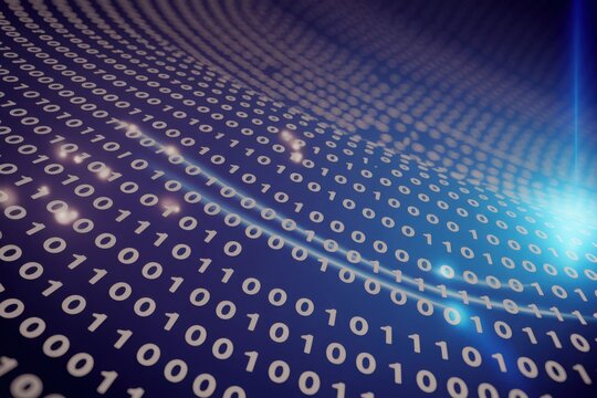 Abstract binary code flowing in a wave pattern with blue light - Powered by Adobe