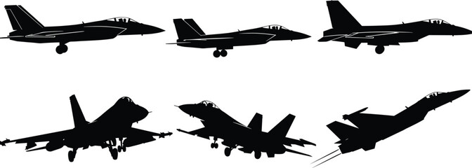 Set of military fighter jet aircraft silhouettes including modern supersonic navy planes and air force aviation design elements for vector graphics
