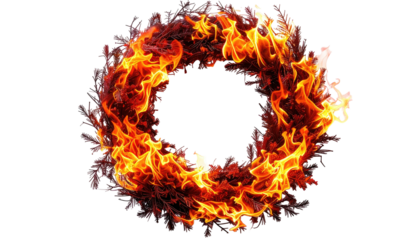 A circular arrangement of fire, resembling a wreath, glows with intense orange and red flames against a stark black backdrop