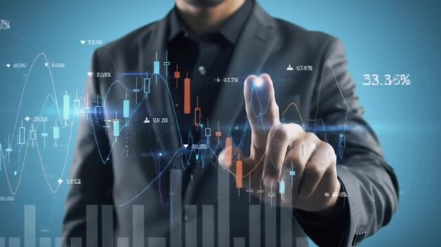 businessman pushing a button on touch screen interface