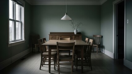 Empty Dining Room with Wooden Furniture and Soft Lighting.