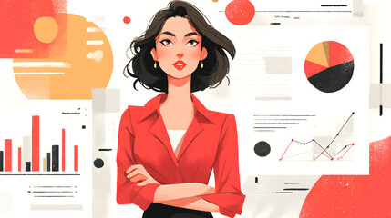 Presentation, vision, strategy . The female leader. Discussing business plan. Vector illustration