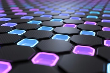 A stunning abstract hexagon pattern with a futuristic design and a play of colors and lights. The pattern is created with dark, textured tiles intermixed with vibrant blue and purple glowing squares.