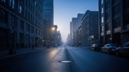 Empty urban street with tall buildings at dawn or dusk, city life begins to stir.