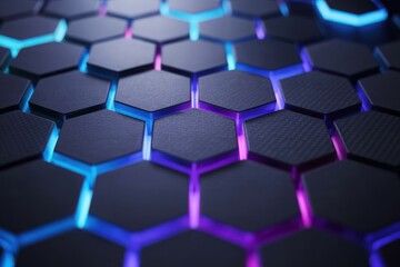A close-up view of an intricate hexagonal pattern, a futuristic and modern design with vibrant blue and purple lighting