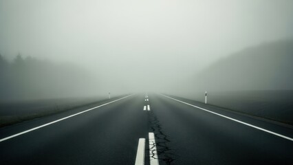 Foggy Highway Stretching into Misty Distance with Distant Car.
