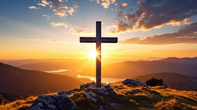 Wooden cross standing on a hilltop with a beautiful sunset background, symbolizing faith.