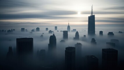 Foggy Skyscrapers Towering in Modern Urban Cityscape at Dawn.