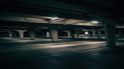 Empty Underground Parking Garage with Concrete Pillars and Dim Lighting.