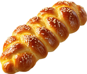 Golden braided bread loaf with sugar sprinkles on top, freshly baked with a shiny crust