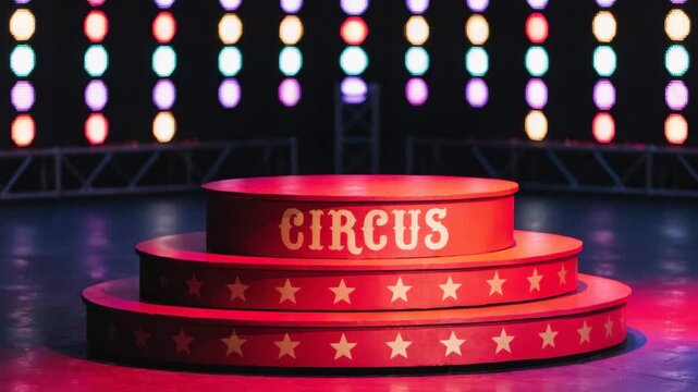 Vibrant Circus Stage Colorful Lights and Red Platform Create Exciting Entertainment Atmosphere